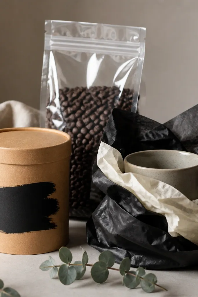 A black marker-style chalkboard label on a kraft jar, a clear bag of coffee beans, and a mug wrapped in black and cream tissue.