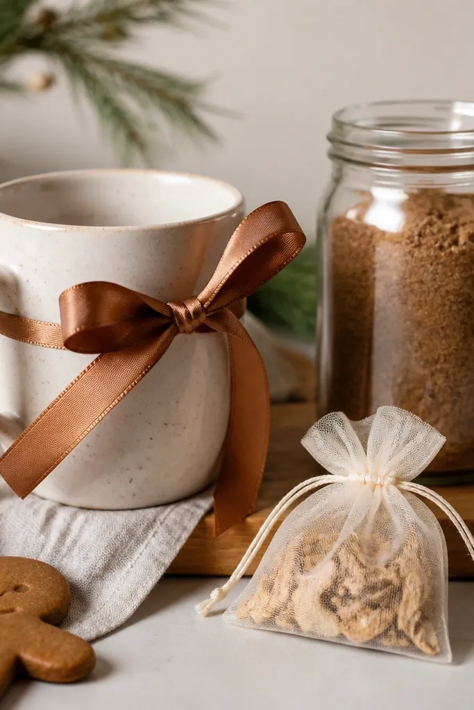 A mug with gingerbread colored ribbon, a jar of gingerbread coffee mix, and a small tea filter pouch filled with dried ginger tied with string.