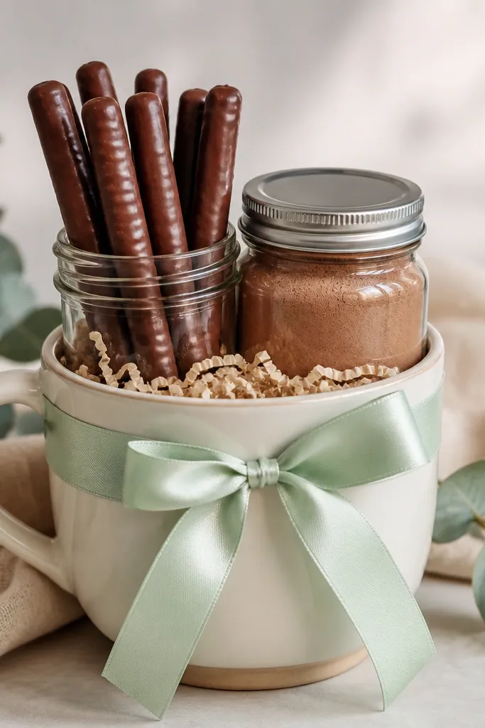 A mug gift set with chocolate-coated cocoa sticks standing upright in a jar, a jar of mocha mix, and a mint ribbon around the mug.