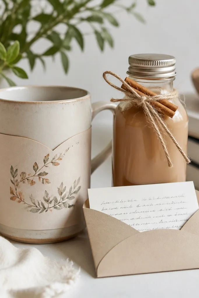 A mug with a sleeve made from cardstock labeled for a teacher, a jar of chai-style coffee syrup, and a small envelope pocket holding a handwritten note.