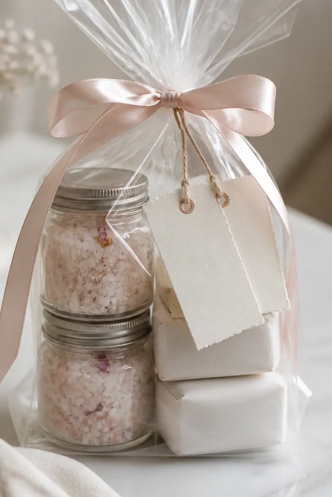 A clear cellophane bag tied with blush ribbon. Inside are small glass jars of bath soak with pale pink crystals, plus two mini rectangular soaps wrapped in white paper. Handwritten cream tags hang from thin twine.
