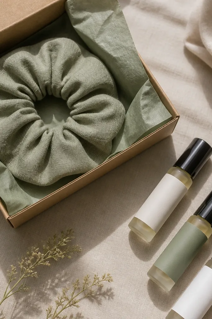 A small kraft gift box lined with sage tissue. On top sits a sage linen scrunchie folded neatly. Next to it are three tiny roller bottles with frosted labels in white and sage.