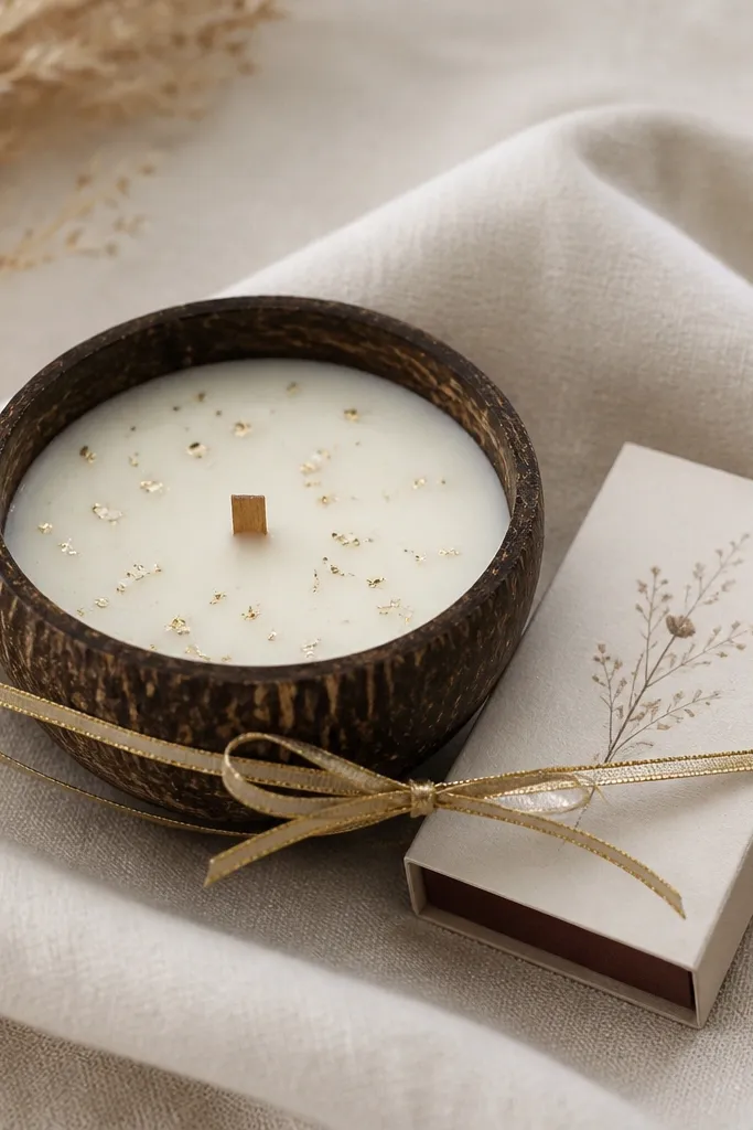 A small coconut-shell candle holder with a soy candle inside. The top shows tiny gold confetti specks. A matchbook-style card sits beside it with a short message, and a thin gold ribbon wraps the bundle.
