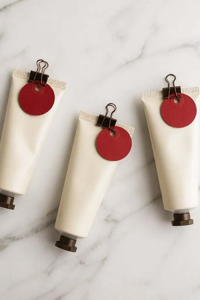 Three small tubes of hand cream in cream packaging, arranged in a flat lay. Each tube has a cherry-red stamped tag attached with a mini binder clip. The background is white marble paper.