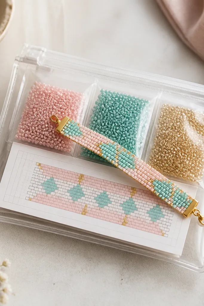 A clear pouch with labeled bead packs in pink, teal, and gold. Inside is a folded cardstock "color map" showing a simple pattern. A finished bracelet sample rests on top.
