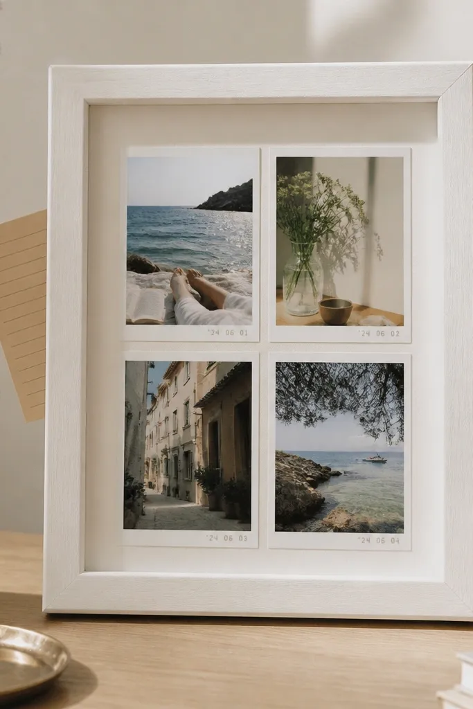 A small wooden frame painted matte white on a desk. Inside is a collage of four mini photo prints with faux date stamps. Two small note cards are tucked behind the frame edges.