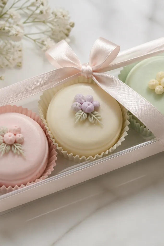Three round pastel soaps shaped like macarons, sitting in mini pastel paper cups. A ribbon wraps the tray. Each soap has a tiny piped-looking top detail.