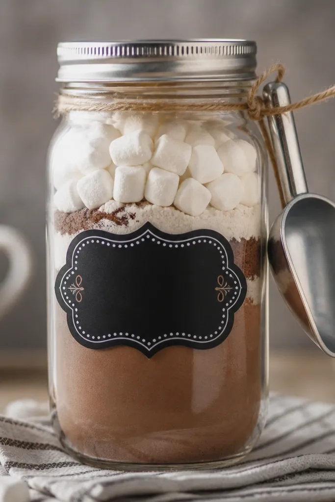 A mason jar filled with layered cocoa mix and mini marshmallows. A small metal scoop is attached to the lid with twine. The jar has a chalkboard-style label in white and brown.