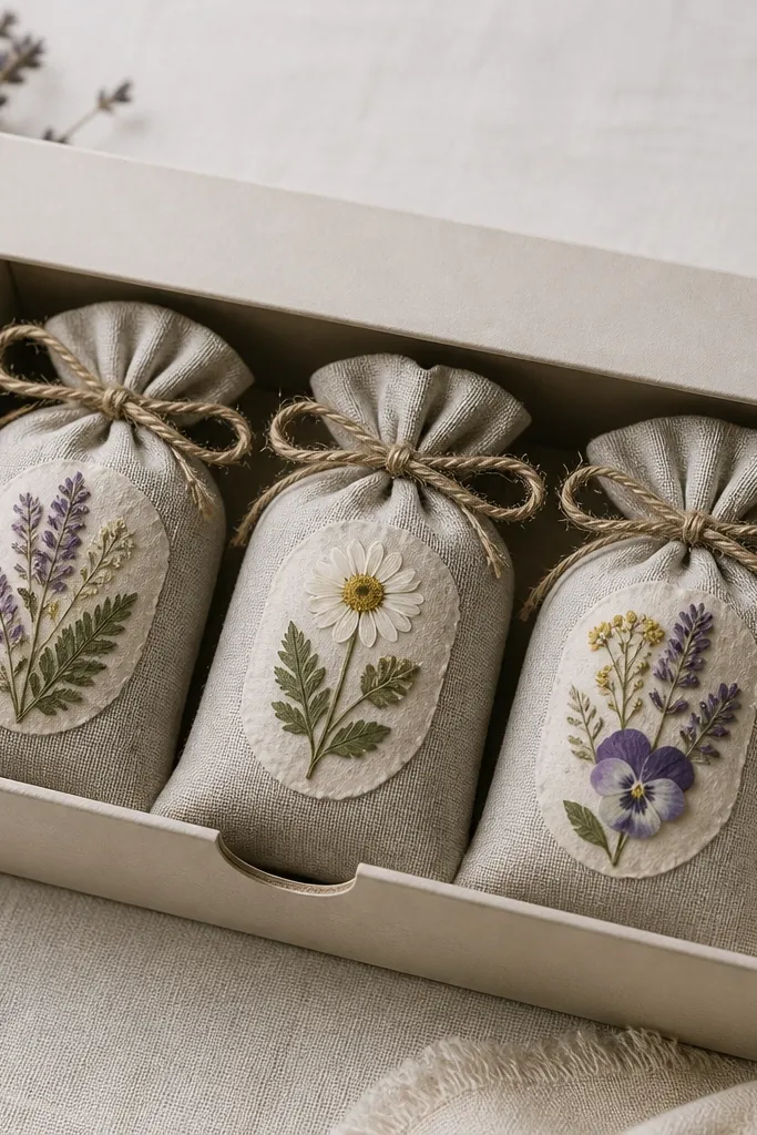 Three small lavender sachets in linen pouches tied with twine. On each pouch is a sticker made from pressed dried flowers. The sachets are arranged in a small drawer-style box.