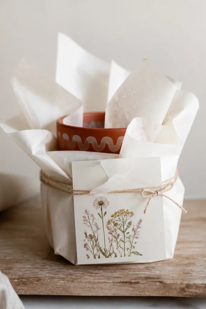 A small terracotta pot painted with a simple white wave pattern. The pot is wrapped in tissue and sits on a board. A seed packet envelope is taped to the outside.
