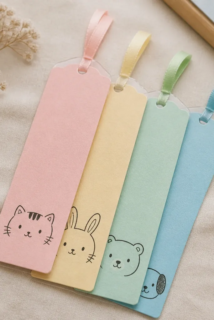 A stack of four bookmarks with cute faces drawn in black ink on pastel cardstock. Each bookmark has a laminated plastic tab and a small ribbon loop at the top.