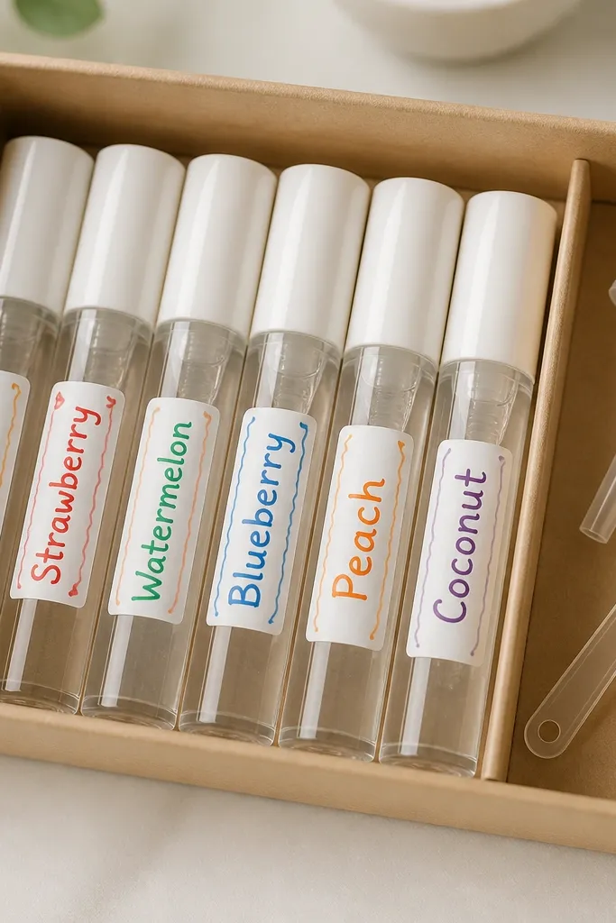 A lineup of clear lip gloss tubes in a small box. Each tube has a label wrapped around it with handwritten flavor names in bright colors. A tiny funnel and measuring spoon sit in a side pocket.
