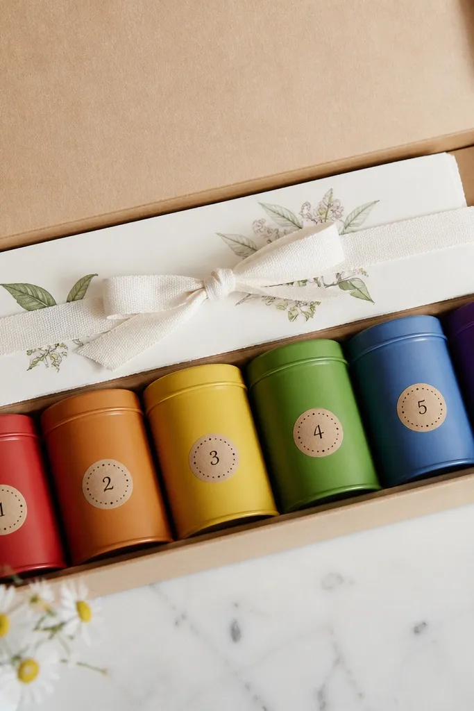 A kraft box with six small tea tins in rainbow order. Each tin has a numbered sticker. Folded recipe cards sit under a ribbon band across the top.