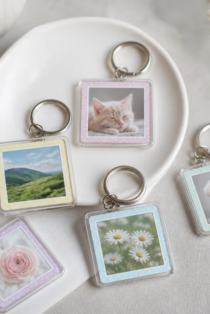 A set of small acrylic keychains with clear fronts. Each one holds a tiny photo print under the acrylic. A sticker backing shows a border pattern in pastel dots.