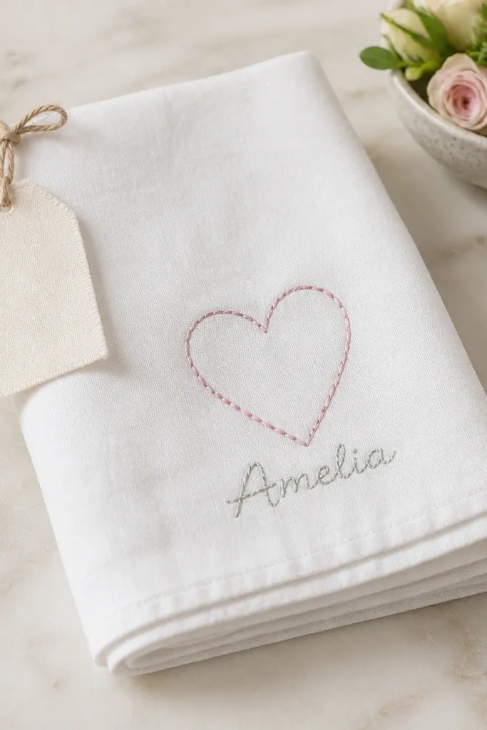 A white tea towel with a simple stitched-looking heart and name in pastel thread colors. A fabric tag tied to the corner hangs from twine. The towel is folded in thirds.