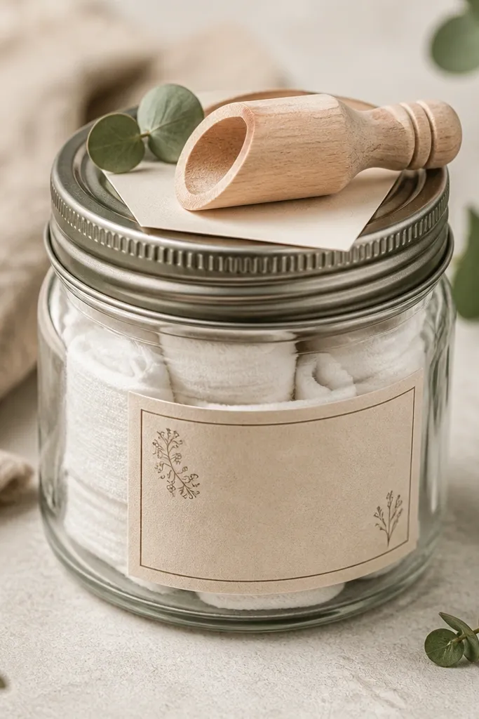 A small mason jar filled with rolled cotton pads. A label on the jar says the ingredients. A small wooden scoop and a tiny instruction card sit on top under a lid.