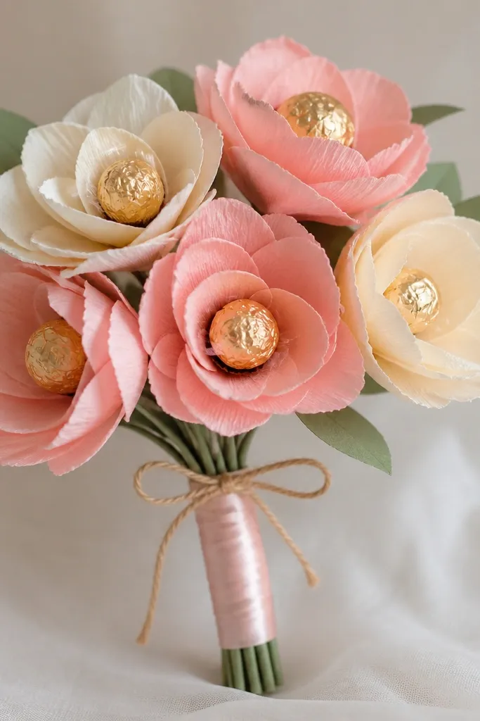 A small bouquet of five paper flowers in soft pink and cream. Each flower has a wrapped candy center. The stems are bundled with twine and wrapped in satin ribbon.