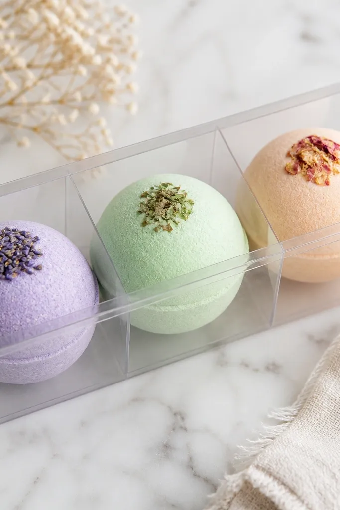 Three bath bombs in a clear plastic box divided into sections. Each bath bomb is a different color: lavender purple, mint green, and pale peach. Small flavor-style labels sit on top.
