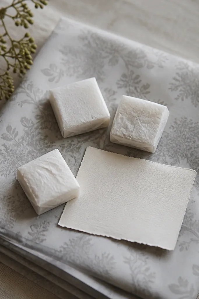 A folded sheet of scented drawer liner paper in soft gray. A few mini soap squares wrapped in tissue are placed on top. A small card reads "Put this in your drawer."