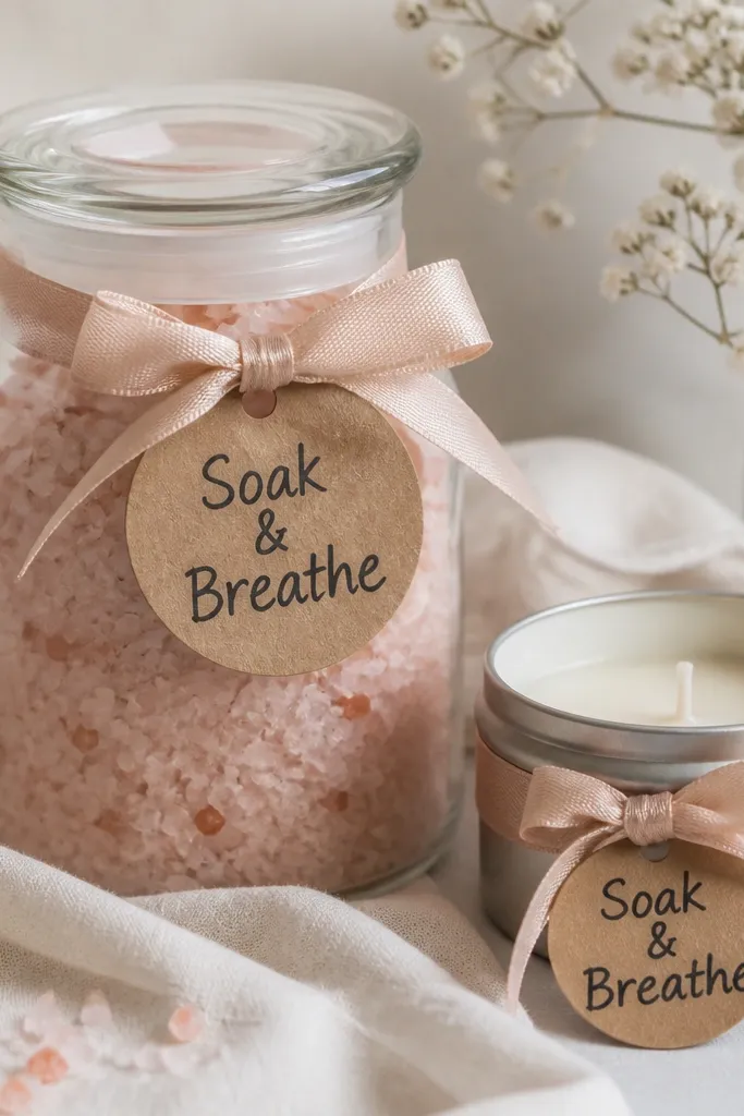 A clear glass jar filled with pale pink bath soak crystals, a small cream tin candle beside it, both wrapped with blush ribbon and topped with a kraft paper label that says "Soak & Breathe" in black marker.