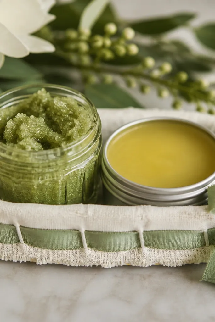 Two small apothecary jars on a tray: one jar has green scrub with visible grain, the other has golden lip balm in a tin. A strip of white fabric and a mint-green ribbon wrap around the tray edge.