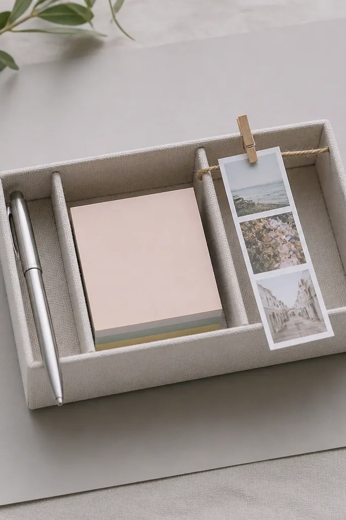 A small organizer box holding a metallic gel pen, a stack of pastel sticky notes, and a mini photo strip printed and clipped to twine. Everything sits on a sheet of pale gray cardstock.