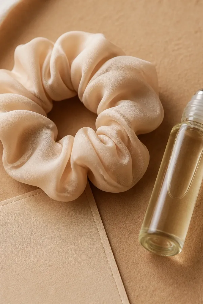 A soft beige scrunchie made from thin scarf fabric sits next to a small roll-on bottle with a roller cap. They're placed on tan felt with a stitched label card.
