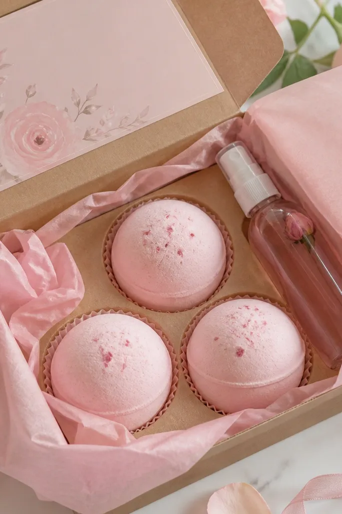 A cupcake-style cardboard tray with three bath bombs in pastel pink, a small rose water spray bottle tucked in the corner, and a matching label on the lid. The tray is wrapped in soft pink tissue.