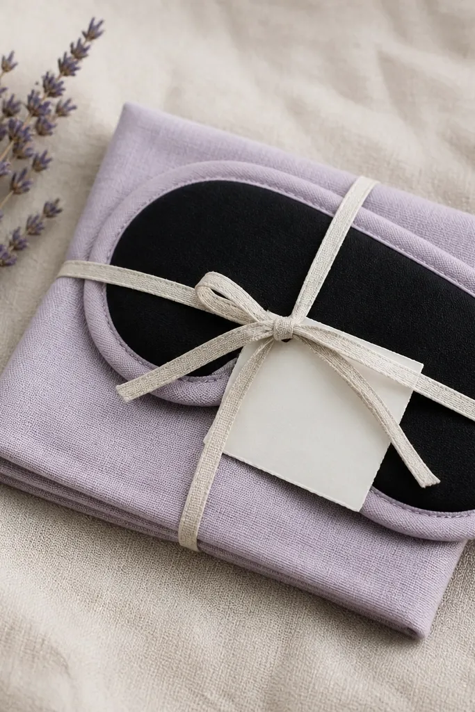 A folded lavender sachet and a black-and-lavender eye mask resting on light linen fabric. A thin linen tie wraps around the bundle, and a small card label sits under the tie.