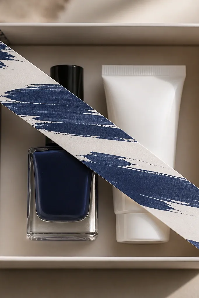 A navy nail polish bottle and a small white hand cream tube arranged side by side in a shallow box. A long label strip runs diagonally across both items like a waterfall, in matching navy ink.