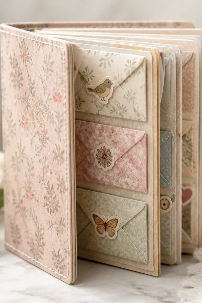 A small bound book made from patterned paper with multiple mini envelopes on the pages. Each envelope has a different sticker seal, and the cover has a stitched border.