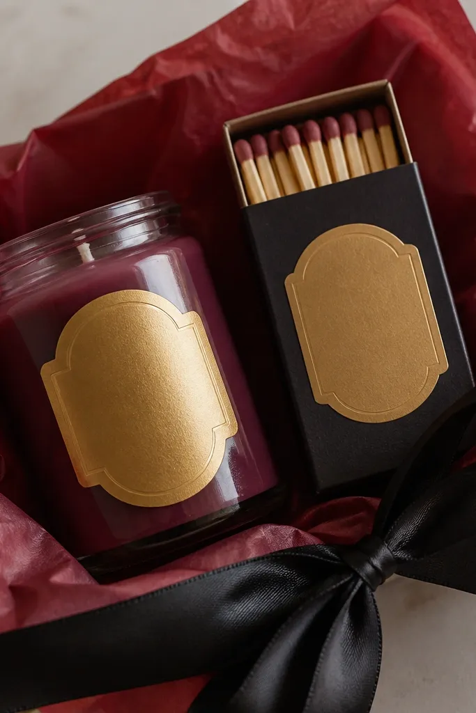 A small jar candle in a deep berry shade with a matchbox beside it. Both have gold foil sticker labels, and the set sits on red tissue with a black ribbon bow.