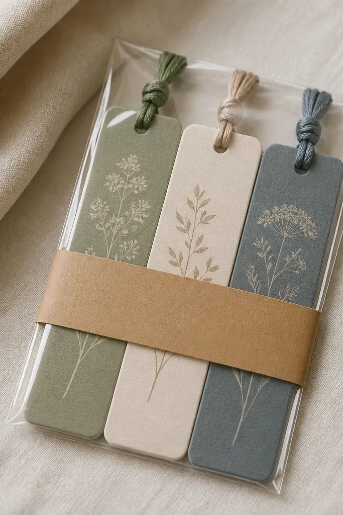 Three laminated bookmarks in muted colors with printed quotes and hand-tied tassels at the top. They're packaged in a cellophane sleeve with a kraft belly band.
