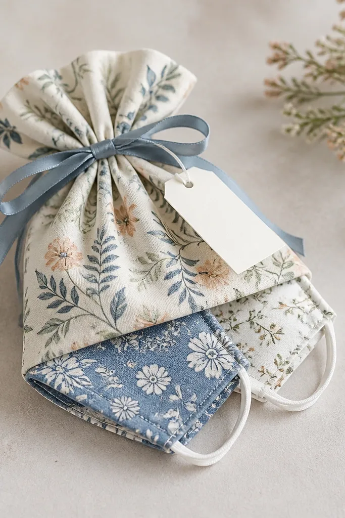 A small drawstring wash bag holding two patterned reusable face masks. The bag is tied with matching ribbon, and a label card hangs from the drawstring.