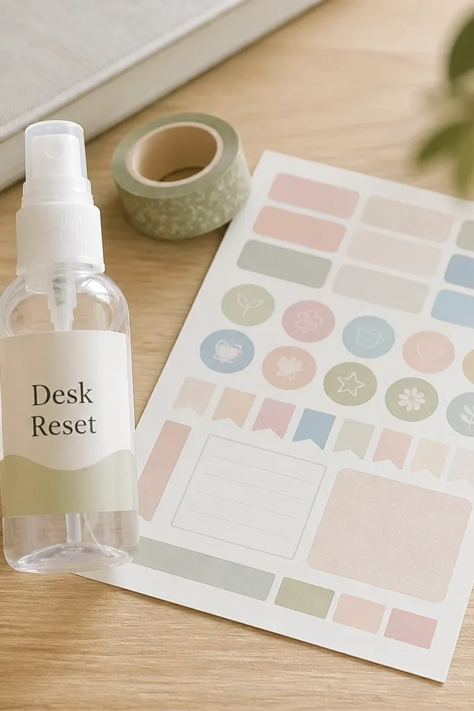 A small clear spray bottle with a label reading "Desk Reset," plus a sheet of planner stickers in pastel colors. A small roll of washi tape is tucked behind them.