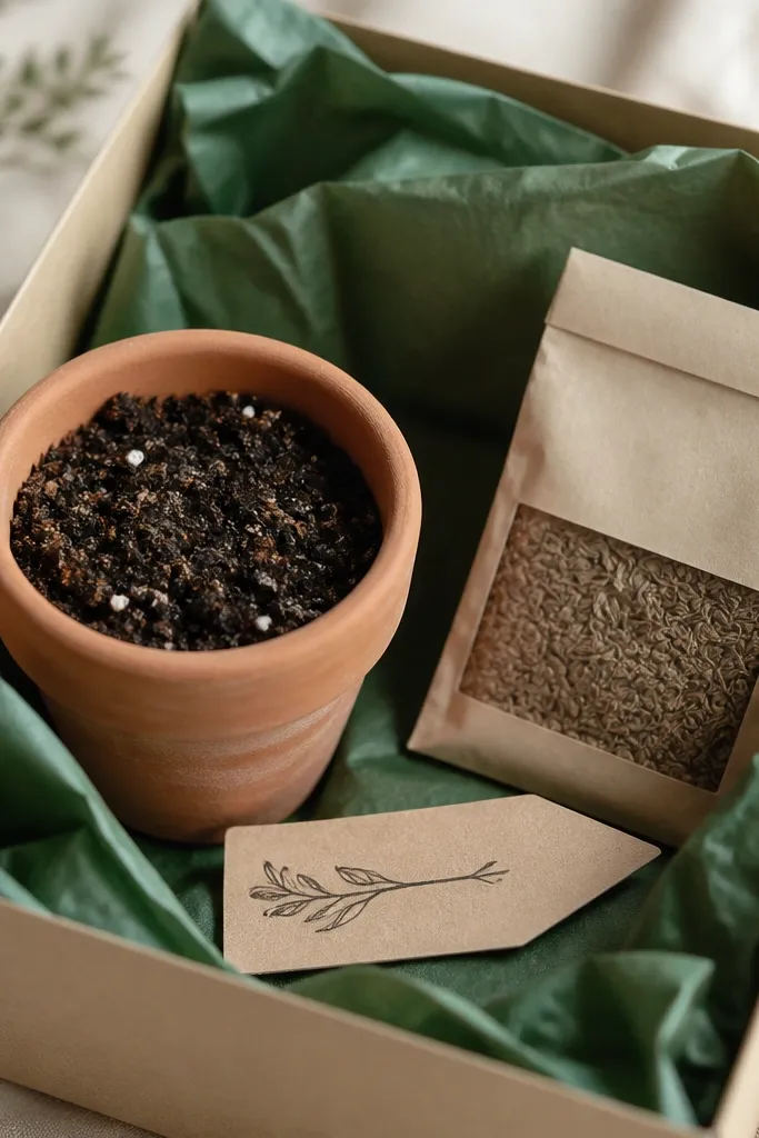 A tiny terracotta planter with potting soil inside, a packet of herb seeds, and a small handwritten plant tag. The set sits in a box lined with green tissue.