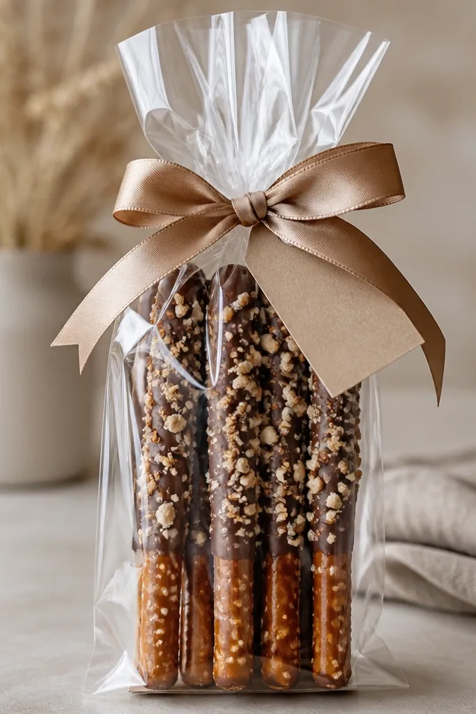 Pretzel rods dipped in chocolate and sprinkled with crushed nuts, packed upright in a clear cellophane bag. A satin ribbon wraps the top with a kraft tag.