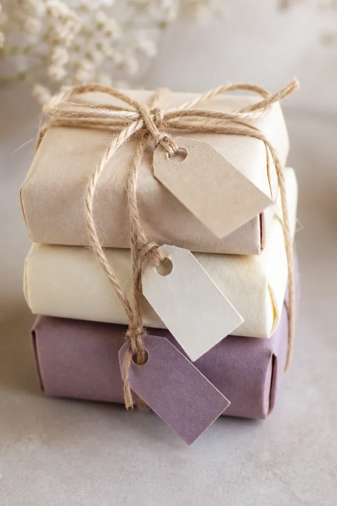 Three small soap bars wrapped in tissue paper of different shades, tied together with twine. Each soap has a tiny label tag tied to the twine.