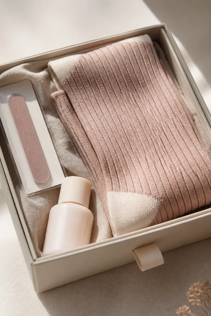 A small "drawer" gift box opened to reveal folded socks on top, a nail file packet on the side, and a mini hand lotion bottle in the corner. The drawer has a fabric lining.
