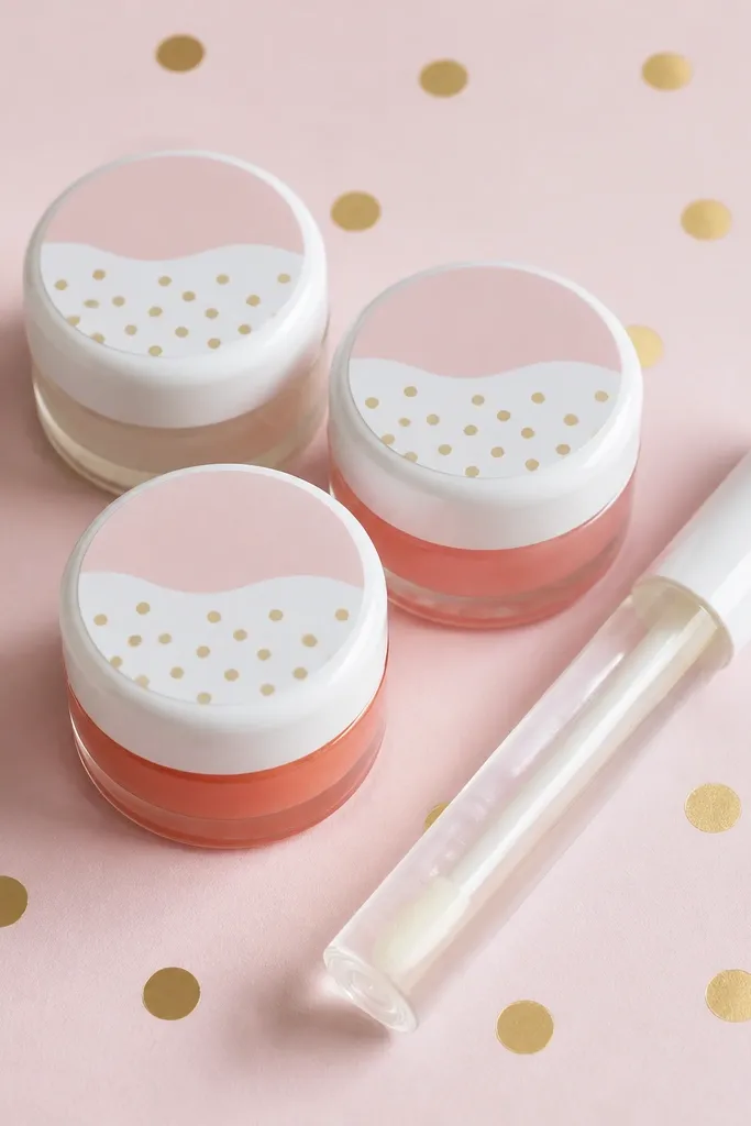 Three small lip balm containers with matching labels and a DIY gloss wand in a clear tube. The set sits on pastel paper with a gold dot pattern.