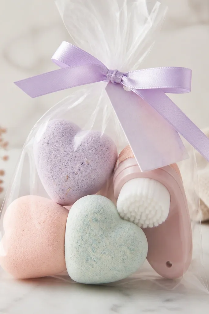 Three bath steamers shaped like hearts in pastel colors, paired with a small facial brush in a clear bag. A pastel card label and a ribbon tie hold the gift together.