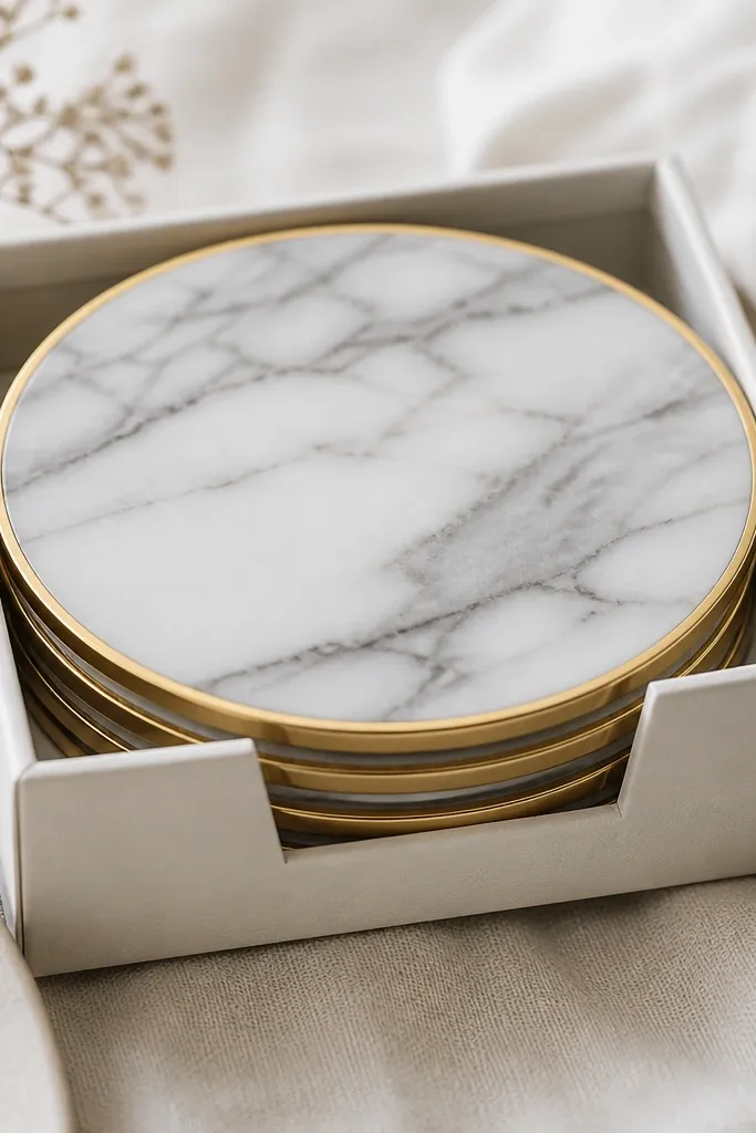 Four coasters with a marble pattern in white and light gray, finished with a thin gold vinyl edge. They're stacked in a small box with a "house rules" style label.