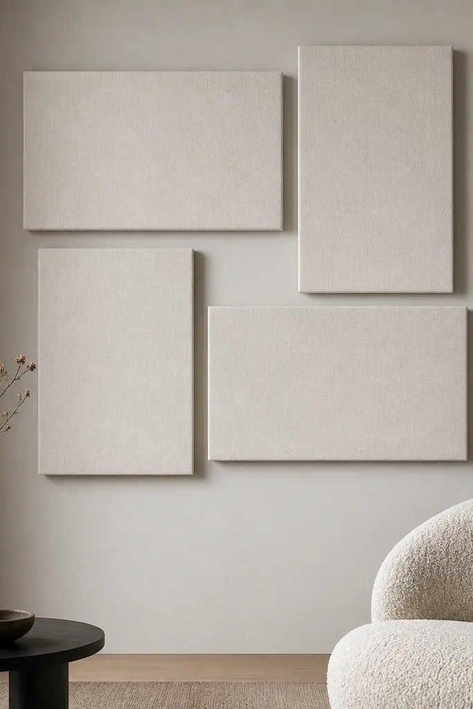 Four rectangular wall panels arranged in a staggered grid. Each panel has a cream linen-look fabric face with subtle weave texture, and the edges show a neat, tight wrap with a thin shadow gap between panels.
