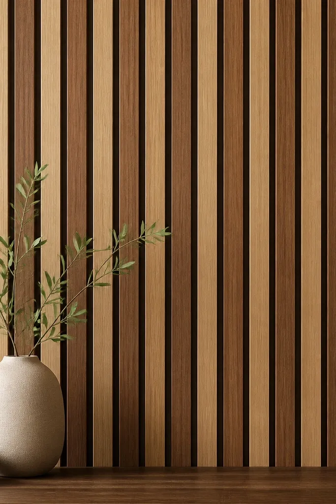 A vertical arrangement of narrow wood slats in two tones: light oak and medium walnut, with small gaps between each strip. The slats sit straight and level, with a clean modern finish and a slight shadow line from the wall.
