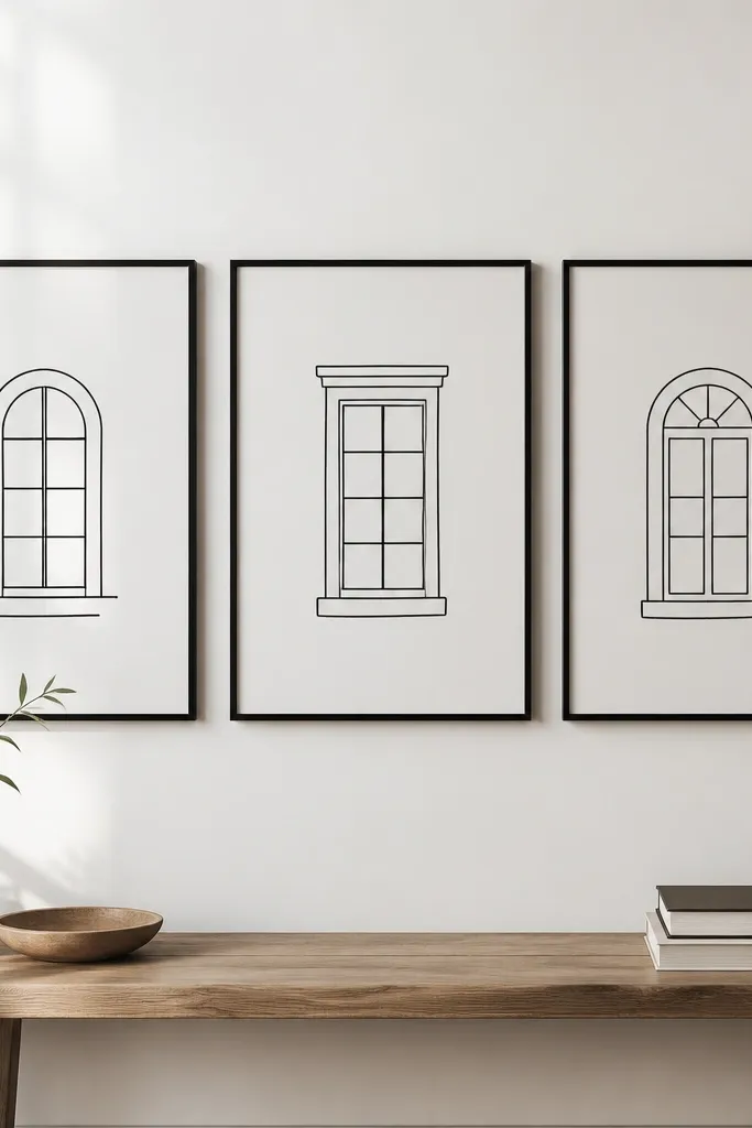 Three framed pieces side by side. Each has crisp black line drawings of simple window shapes on white paper, with thin black frames and a glassy acrylic look.