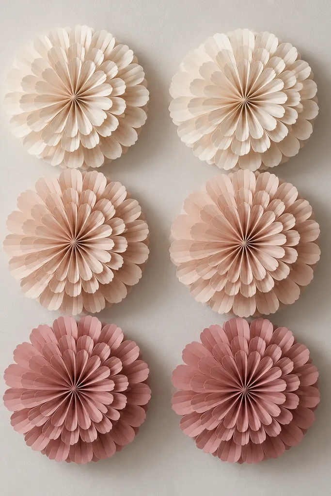 A 2x3 grid of paper rosettes arranged in an ombre from pale cream at the top to dusty rose at the bottom. Each rosette has layered petals and casts a small shadow on the wall.