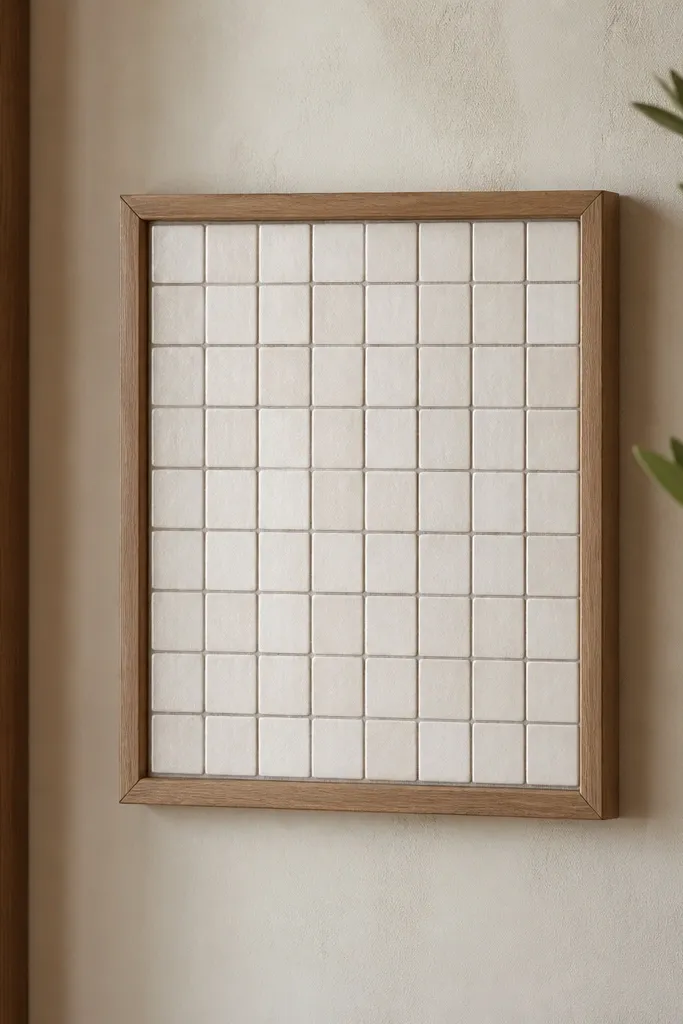 A small rectangular wall panel that looks like a mosaic tile area. The tiles are off-white with thin gray grout lines, arranged in a neat grid, framed by a simple wood border.