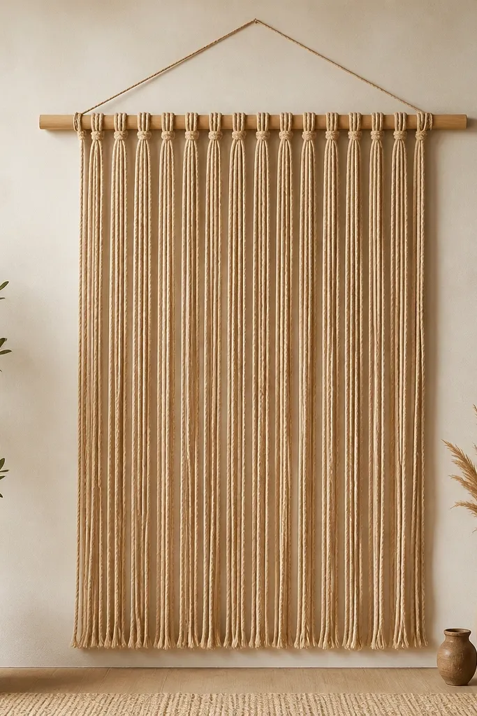 A horizontal wooden dowel supports a curtain-like rope wall piece. The ropes hang in even strands, with a simple knot row at the top and a natural fiber color that reads warm.