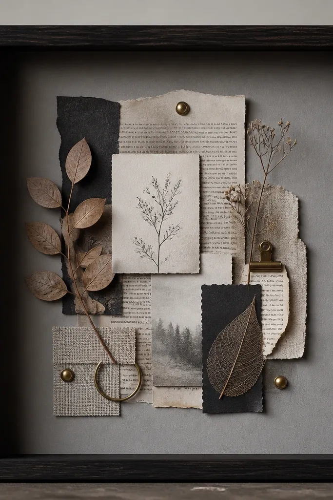 A deep shadow-box frame filled with layered paper cutouts. The background is a soft gray, and the collage includes small torn book-page pieces, a few dried leaf shapes, and tiny brass accents.