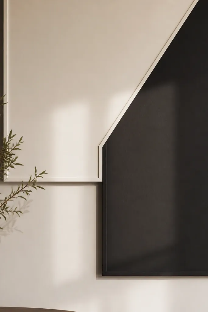 Two large geometric panels painted in warm white and deep charcoal. Thin ledge borders create a subtle 3D effect, and the shapes form a clean modern pattern.